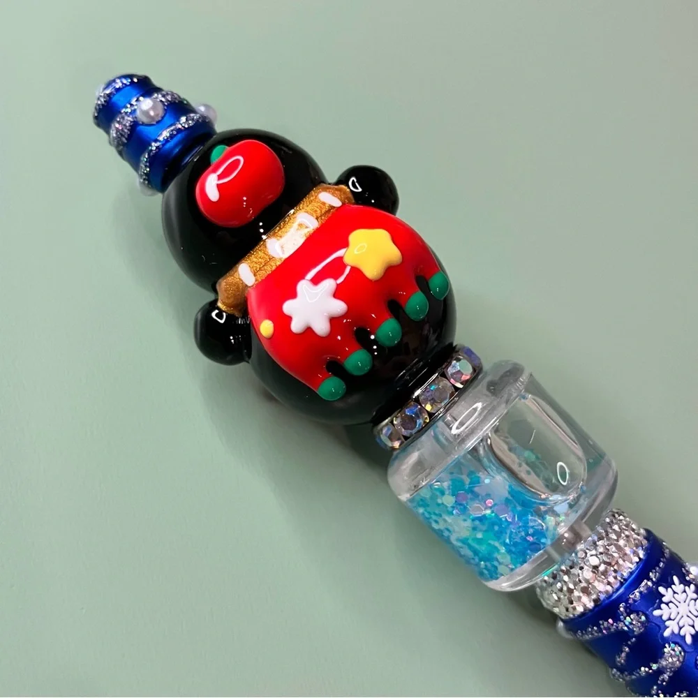 Handpainted Snowman Christmas Magic Blue Sparkles Handmade Beaded Pen
